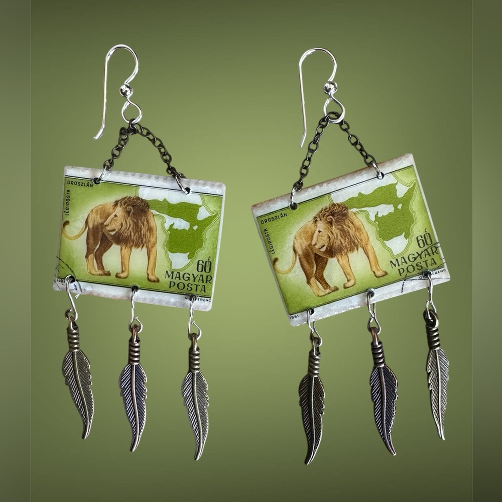 Real Hungarian stamp earrings lion custom made feather charms sterling wires